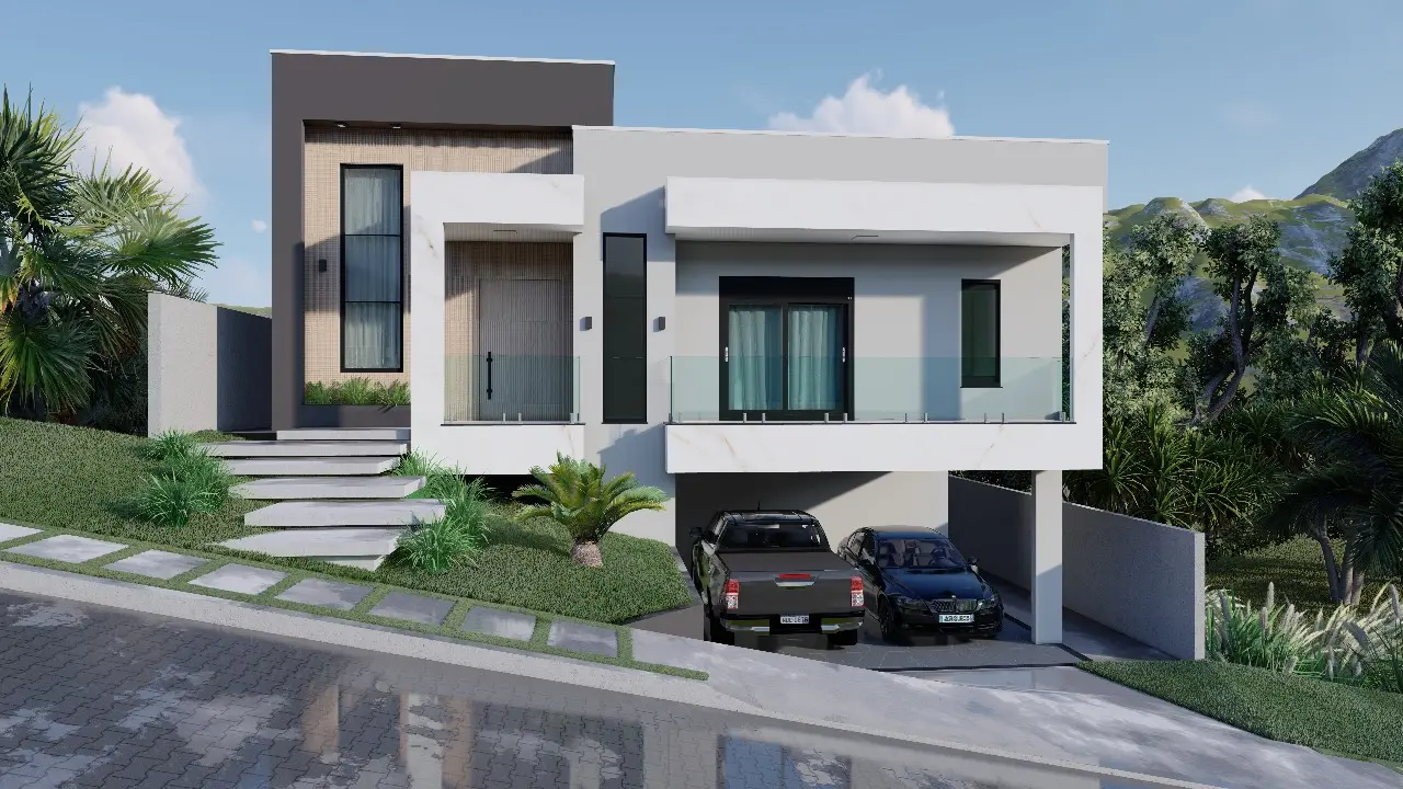 Residencial Alphaville — fachada contemporânea com volumes em mármore e madeira