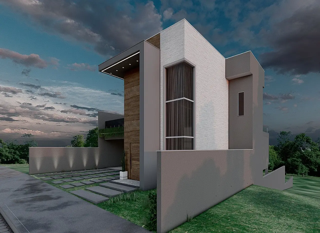 Residencial Bouganville — volume escultórico com revestimento em mármore e madeira